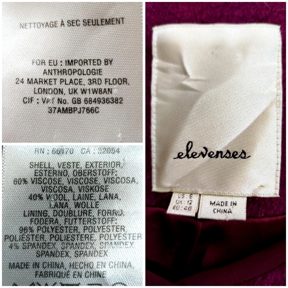 Elevenses for Anthropologie Burgundy Wool Blend Peplum Jacket | Size 8 - Picture 7 of 8